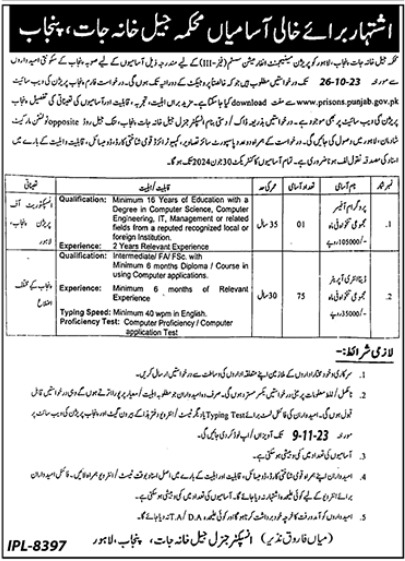 Punjab Jail Police Jobs 2024 Latest Advertisement